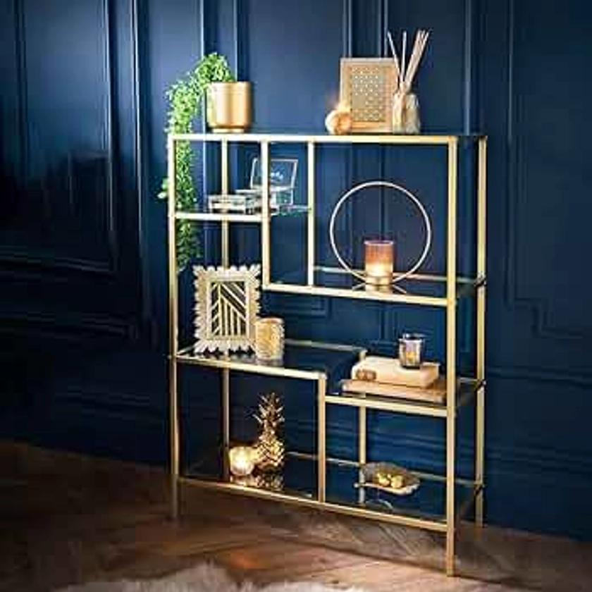 OTZ Gold Metal Shelving Storage Unit With tempered Glass Metal Gold Display Unit Free Standing Perfect for Books, Plants, and More