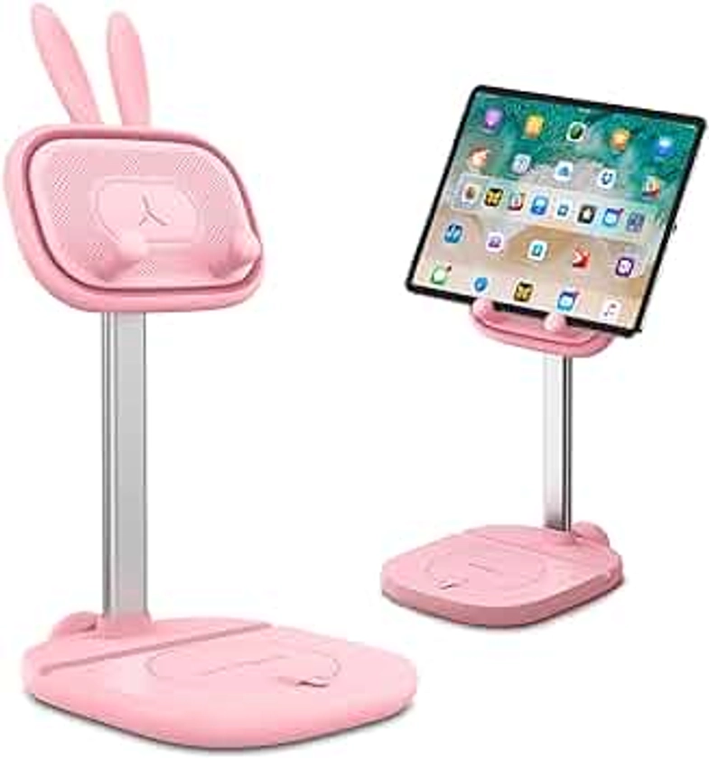 OATSBASF Cute Bunny Tablet Stand for Desk, Adjustable Height Tablet Stand Holder Dock Compatible with iPad, Pro 9.7, 10.5, 12.9 Air Mini, Tablet, Kindle, Nexus, Tab, E-Reader (4-13") (Pink Plus)