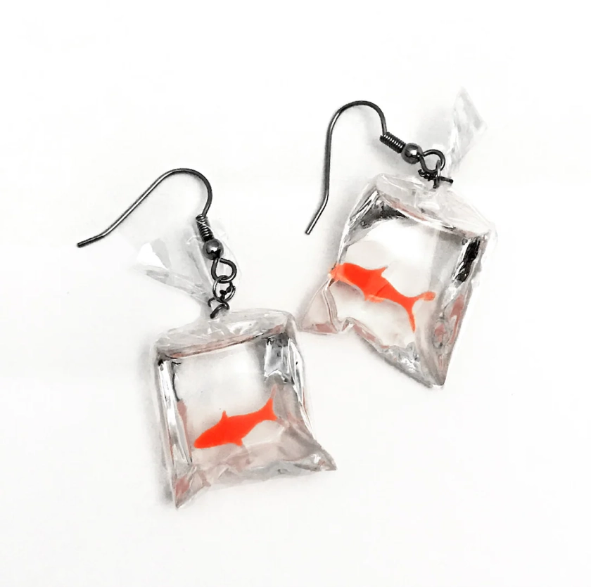 Bag of Gold Fish Transparent Novelty Earrings - Etsy