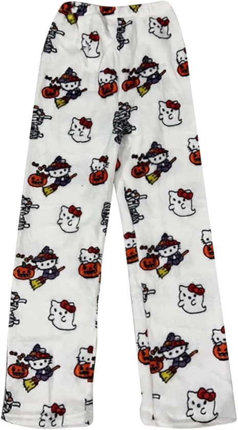 𝑯ello 𝙆itty Pyjama Pantalon Femmes Flanelle Pyjamas Filles Polaire Chaud Dessin Animé en Laine Kawaii à La Mode Pyjamas Flannel Pantalons Femme Hiver Imprimé Maison DéContracté Pyjama Pantalon