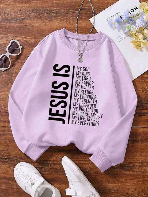 SHEIN Tween Girl 1pc Fashionable Casual Round Neck Sweatshirt With Slogan Print
