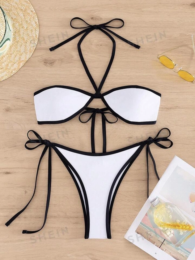Women's Two-piece Color Blocking Swimsuit With Sexy Strap Design For Photography Or Vacation | SHEIN USA