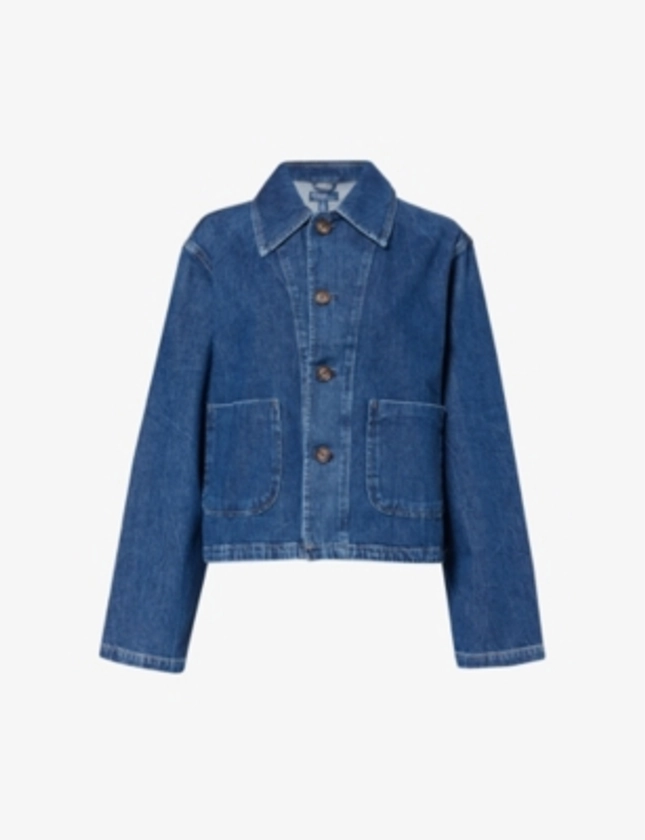 Patch-pocket contrast-stitching boxy-fit denim jacket