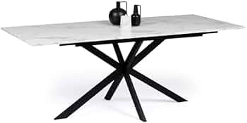 IDMarket - Table à Manger Extensible Rectangle Alix 6-10 Personnes Pied araignée métal Noir Plateau Effet marbre Blanc Alaska 160-200 cm