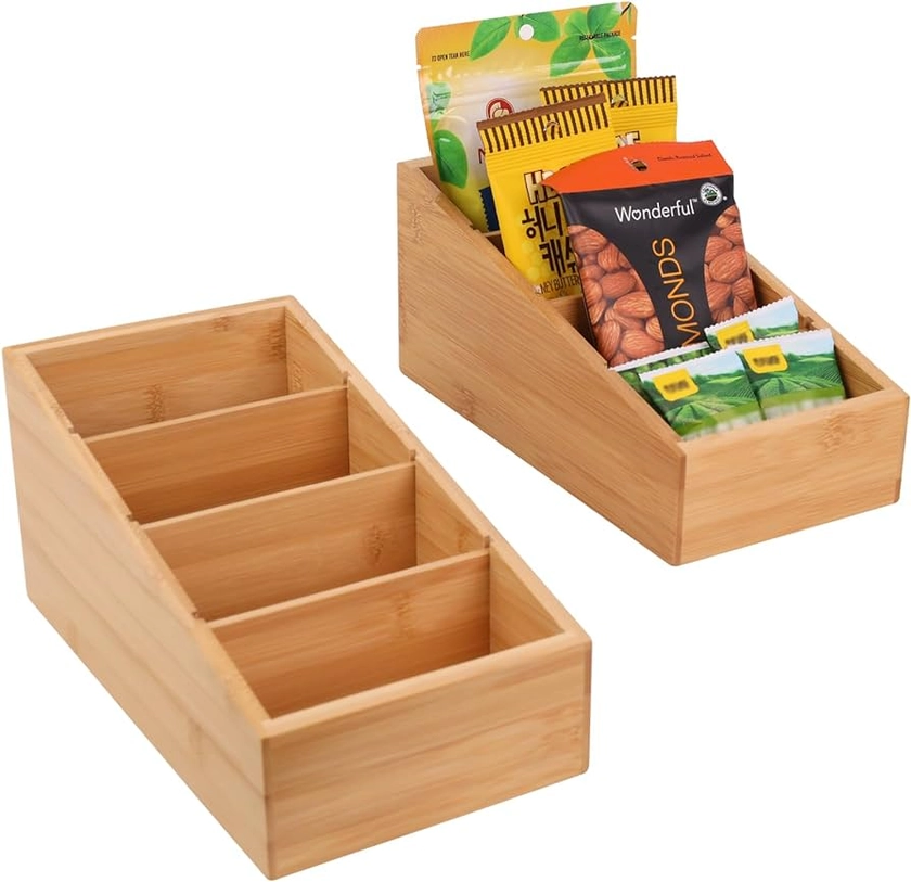 HTB 4-Section Snack Organizer with Removable Dividers for Kitchen, Cabinet, Office, Countertop, 2 Pack Bamboo Pantry Storage Organization for Spice Packets, Seasoning Pouches, Coffee Pods