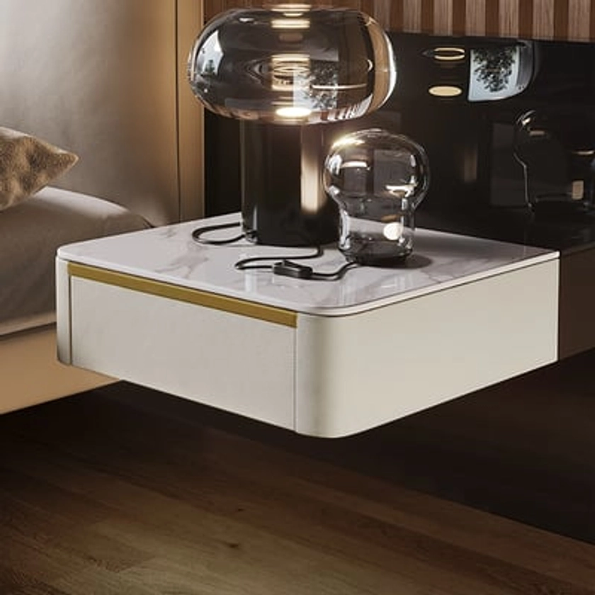 Modern White Floating Nightstand 1 Drawer Bedside Table with Sintered Stone Top | Homary 