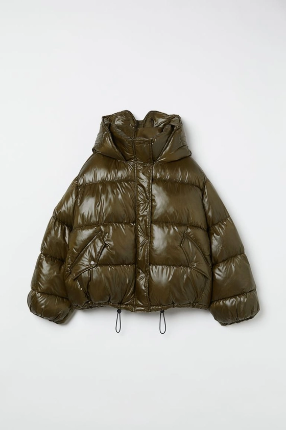 Hooded puffer jacket - Dark khaki green - Ladies | H&M GB