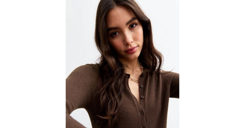 Brown Crew Neck Fluffy Knit Cardigan | New Look