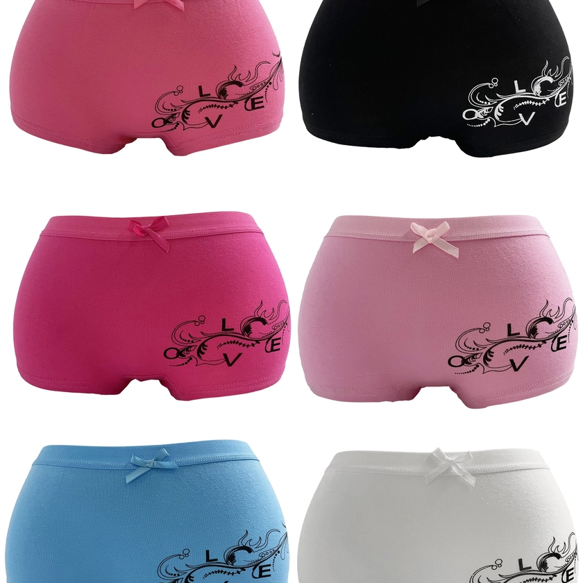 6 Pcs Bow Letter Print Boyshorts, Cute Comfy Breathable Intimates Panties, Women's Lingerie & Underwear
