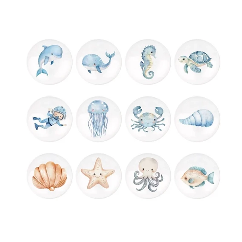 Boutons de poignée de tiroir en céramique sur le thème des animaux marins, poignée de bouton de chambre d'enfant, boutons animaux pour tiroirs de chambre d'enfant, décor de chambre d'enfant de mer, boutons Ikea pour enfants