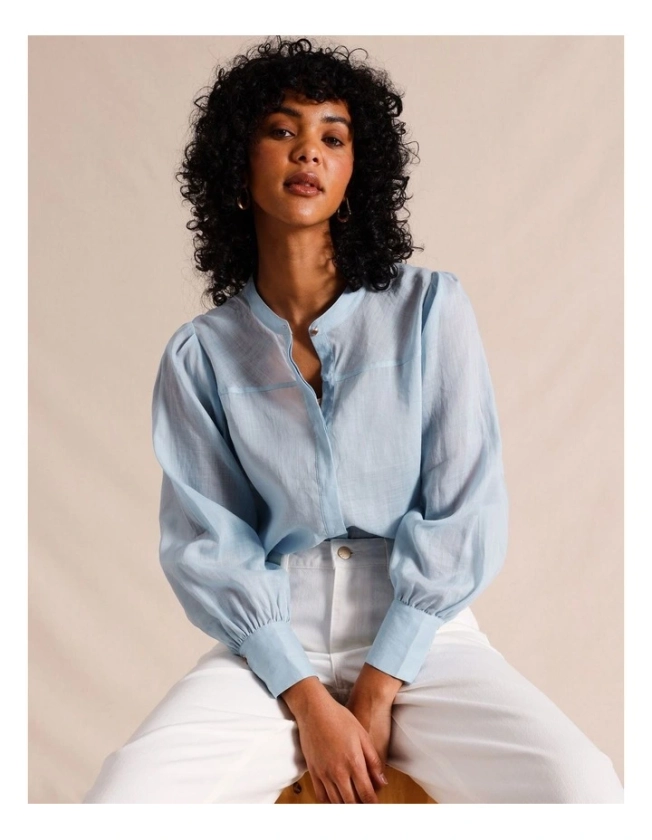 Ramie Puff Sleeve Covered Placket in Light Blue