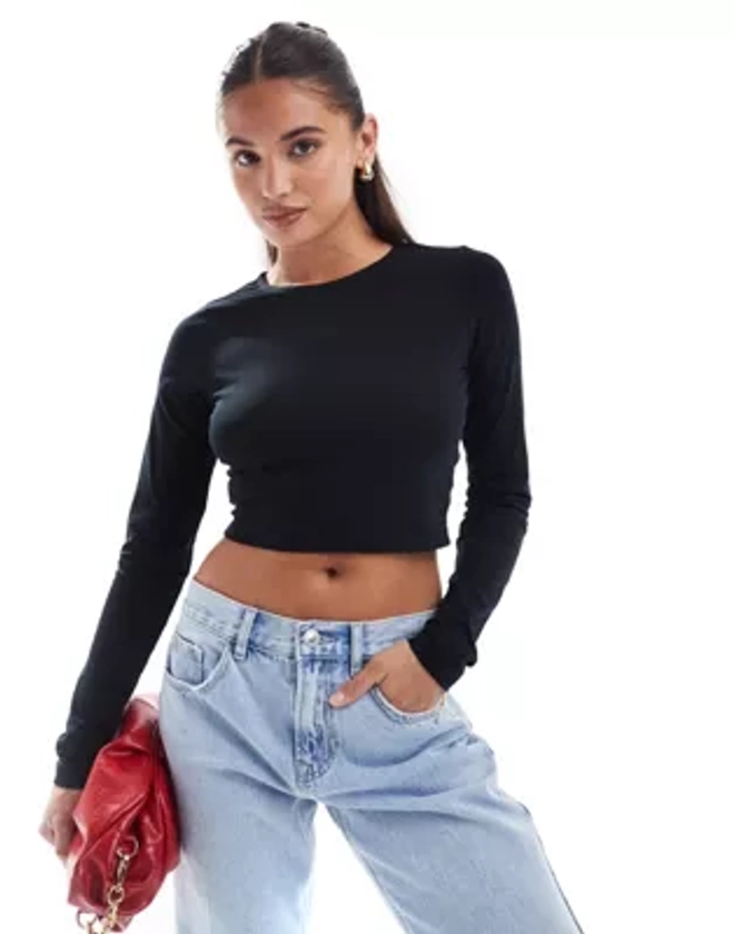 ASOS DESIGN fitted crop t-shirt with long sleeve in black