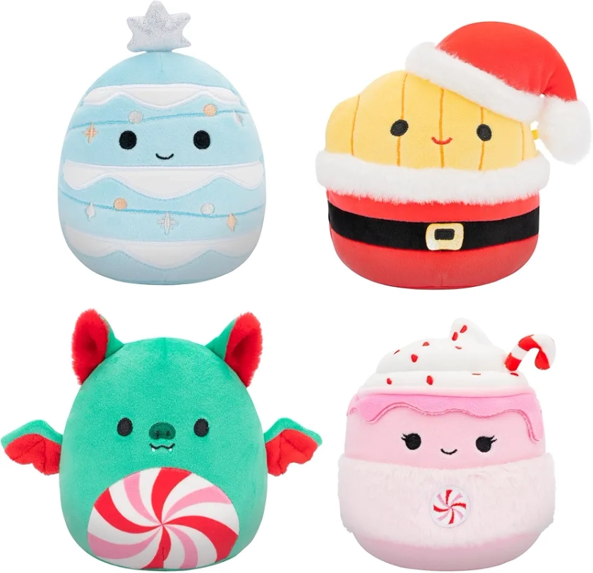 Squishmallows Original 5-Inch Holiday 4-Pack – Ethel Hot Chocolate, Floyd French Fries, Keiko Blue Christmas Tree, Ricardo Peppermint Bat – Official Jazwares Plush (Little)