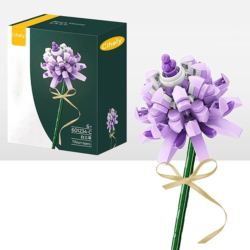 Flower Bouquet Building Blocks Kits Trifolium Purple 601234-C, Artificial Flowers Building Project to Release Stress and Focus The Mind, for Birthday Gifts to Adults/Teens(100+ Pieces)