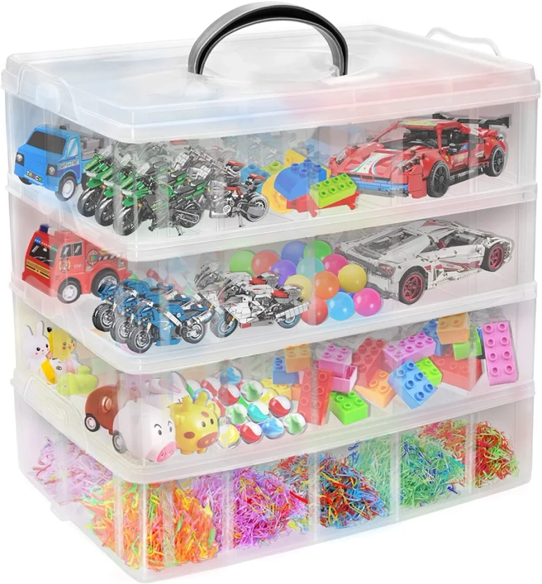 4-Tier Stackable Storage Container Box with 40 Adjustable Compartments, VASZOLA Plastic Organizer Box Transparent Storage Case for Kids Toys, Art Crafts, Jewelry, Supplies, Fuse Beads, Washi Tapes