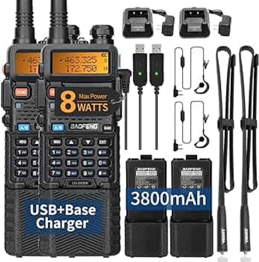 BAOFENG UV-5R 8W Ham Radios Long Range UV5R Handheld Dual Band High Power 3800mAh Rechargeable Walkie Talkies Portable Two Way Radio with Earpiece USB Charging Cable Full Kit,2Pack