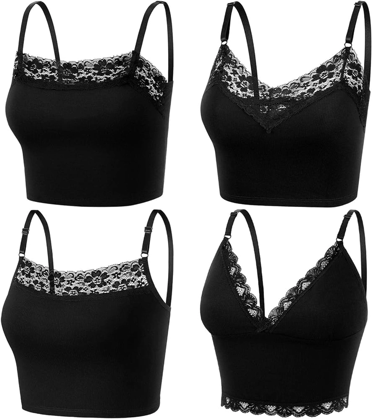 4 Pack Women Lace Camisole Lace Bralettes Half V Neck Cami Bra with Adjustable Spaghetti Strap Crop Tank Top for Girls