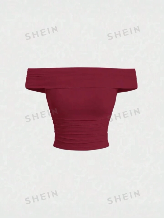 SHEIN Qutie Women's Summer Solid Color Burgundy Red Ruched Slim Fit Off Shoulder T-Shirt Top | SHEIN USA