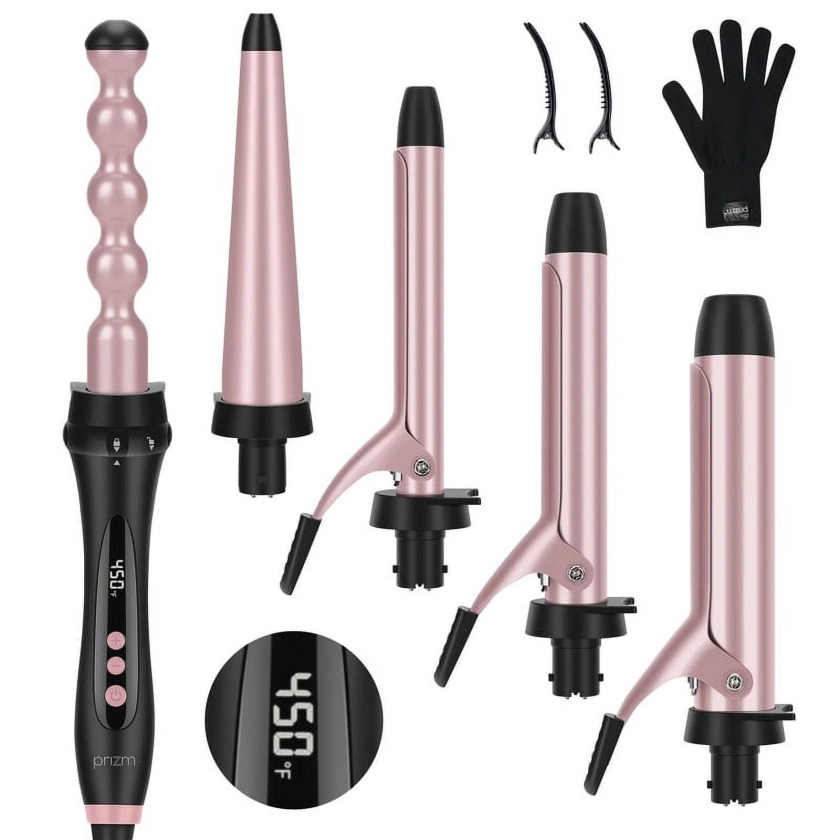 Prizm 5 in 1 Curling Iron Wand Set with Clip, LED Display, Professional Instant Heat Up Hair Curling Wand Set with 5 Interchangeable Ceramic Barrels (0.6'' to 1.25') and 11 Temp Settings, Rose Pink - Walmart.com