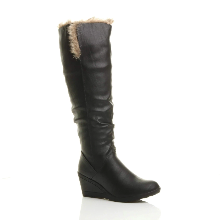 Mid Wedge Heel Faux Fur Folding Collar Calf Boots