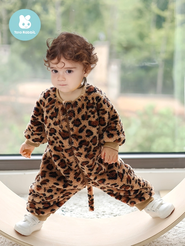 Baby's Leopard Pattern Fuzzy Casual Long Sleeve Romper - Temu