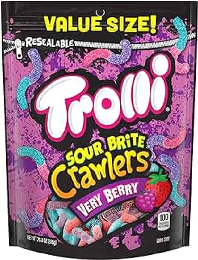 Trolli Sour Brite Crawlers, Very Berry, Sour Gummy Worms, 28.8 Ounce Resealable Bag