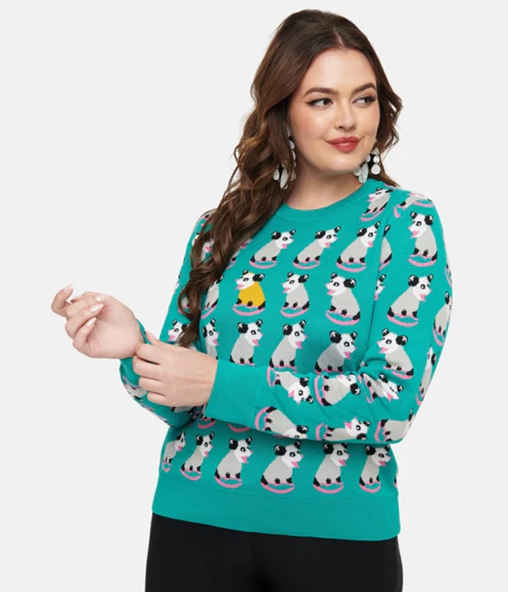 Teal Possum Print Knit Sweater