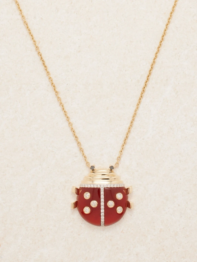 Ladybird diamond, agate & 9kt gold necklace