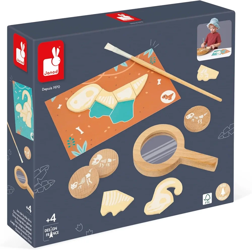 Janod Dino-87 Accessoires-Jouet pour Enfant-Kit de Fouille avec Sable, Loupe et Os-Jeu en Bois FSC-Dès 4 Ans, J05832, Multicolore