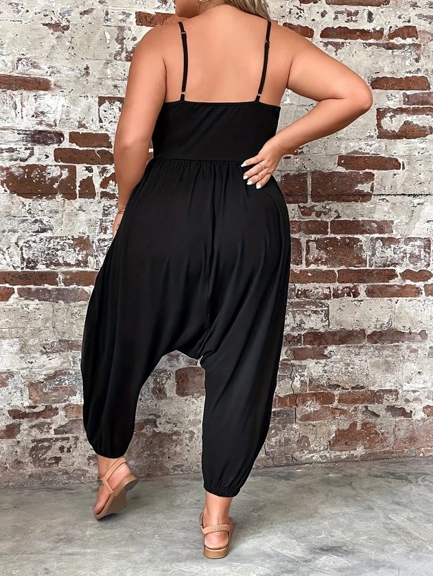 Plus Size Solid Ruched Baggy Jumpsuit, Casual Sleeveless * Jumpsuit, Women&#39;s Plus Size Clothing