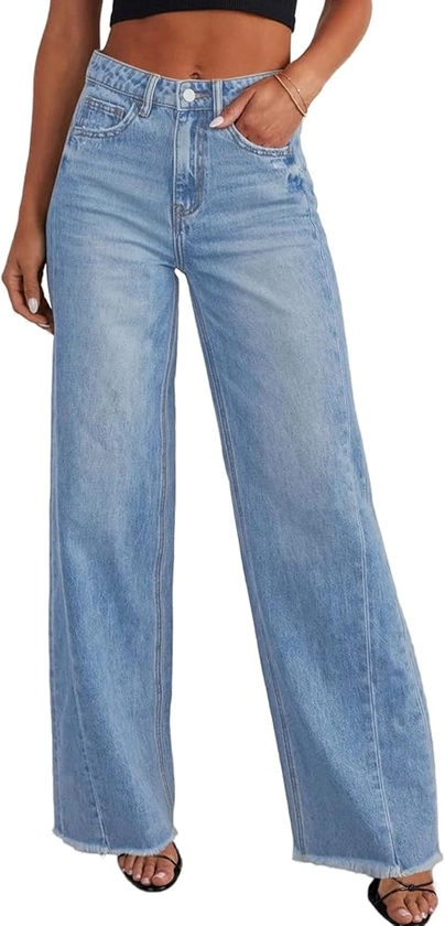 Sidefeel Women's Wide Leg Jeans High Waisted Strechy Raw Hem Denim Pants