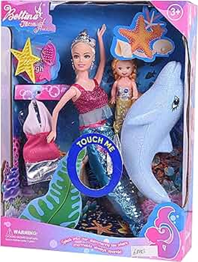 Mermaid Princess Doll Playset, Color Changing Mermaid, Dress Up Doll 12" and Dress Doll 3" and Dolphin, Color Change by by Reversing the Sequins Mermaid Toys for Little Girls and Play Gift Set Aged 3+