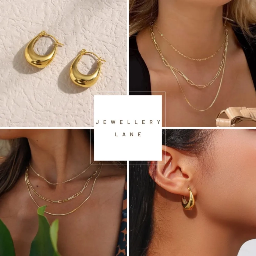 Gold Chunky Hoop Earrings and Triple Layer Necklace Set - Online