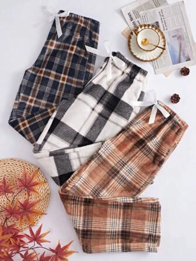 3pcs Plaid Print Tie Waist Pajama Sleep Pants