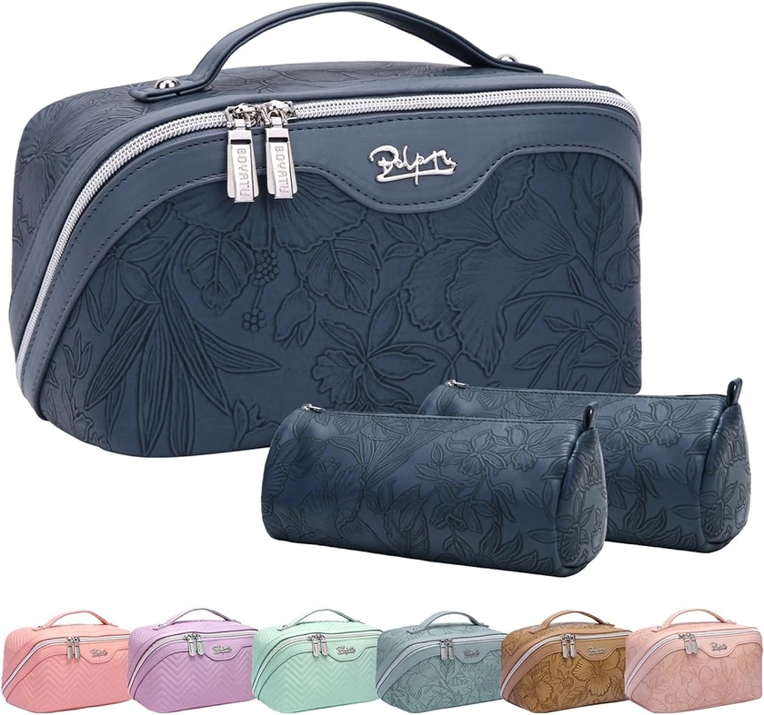 Amazon.com: Travel Makeup Bags Cosmetic Organizer Bag: 3-Set Large Capacity Make up Bag - PU Leather Toiletry Bag for Women - Wide Open Portable Pouch with Divider & Handle 01-Light Blue : Beauty & Personal Care