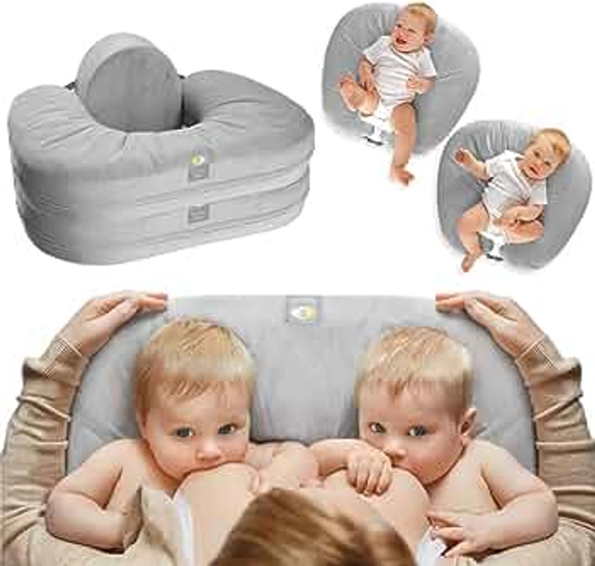 TwinGo Nurse & Lounge Pillow (grey) - Breastfeeding pillow for twins or two lounge pillows || 8 uses || XS to plus size woman || preemie 0-12+ mo babies