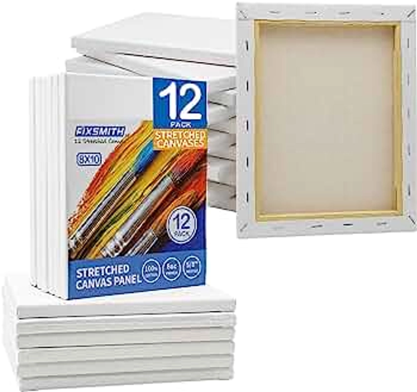 FIXSMITH Stretched Canvas for Painting- 8x10 Inch,Bulk Pack of 12,Primed,100% Cotton,5/8 Inch Profile of Super Value Pack for Acrylics,Oils & Other Painting Media.