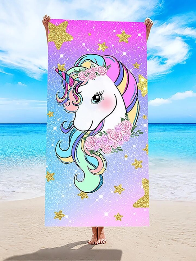 1pc Cartoon Unicorn Pattern Beach Towel, Modern Microfiber Rectangle Beach Towel For Swimming, Beach, Travel