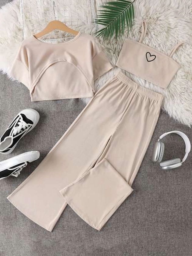 3pcs Elegant Girls Casual Heart Graphic Cropped Short Sleeve T-shirt Top + Cami Top + Flare Pants Set Spring Summer Gift