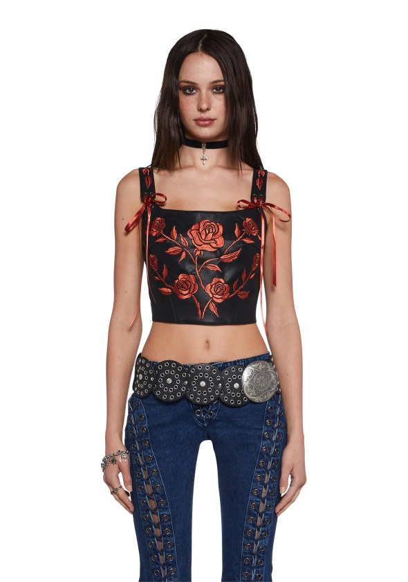 Current Mood Vegan Leather Floral Corset Top - Black/Red