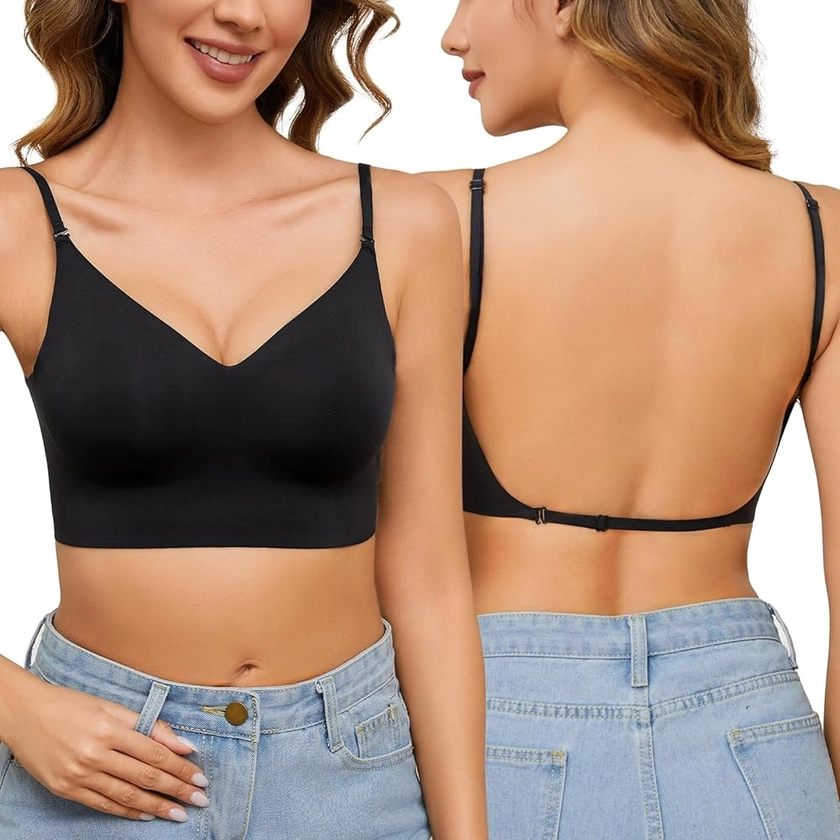 Niwicee Soutien Gorge Dos Nu Invisible sans Armature, sans Coutures, sans Dos Nu, Soutien-Gorge pour Femmes Confortable Taille Basse Soutien-Gorge-Noir-S