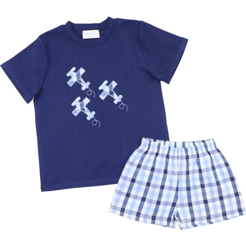 Blue And Navy Check Applique Airplanes Short Set