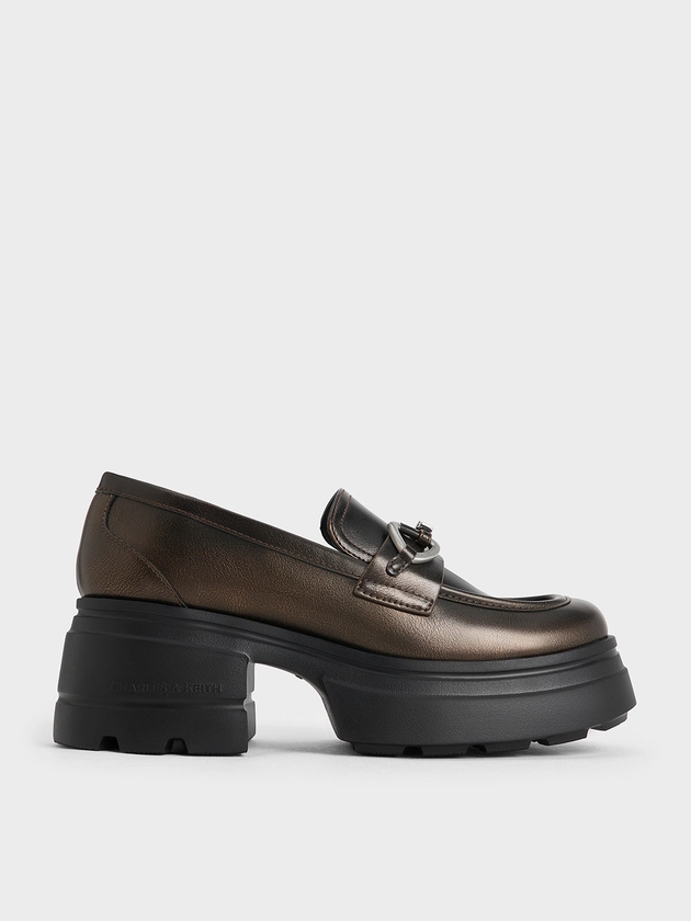 Bronze Metallic-Accent Chunky Platform Loafers | CHARLES & KEITH