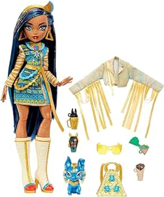 Monster High Doll, Cleo De Nile with Accessories and Pet Dog, Posable Fashion Doll with Blue Streaked Hair, HHK54