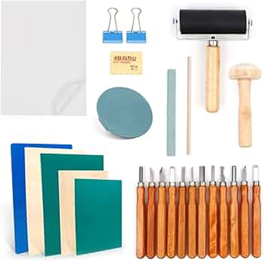 27 Stück Lino-Schneid und Druckset, Blockdruck Starter Kit, mit Stempelblock, Bildhauerwerkzeugen, Pauspapieren und Mischblock für Stempelschnitzerei und Druckgrafik