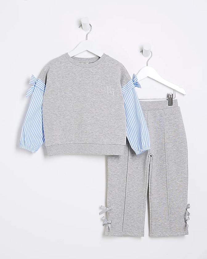 Mini Girls Grey Bow Hybrid Sweatshirt Set | River Island