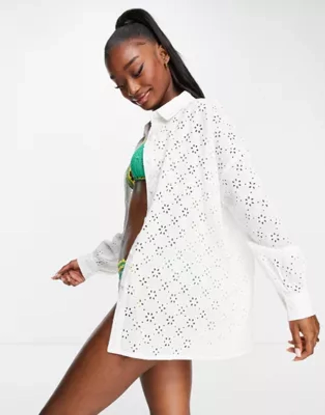 ASOS DESIGN oversized broderie beach shirt top in white