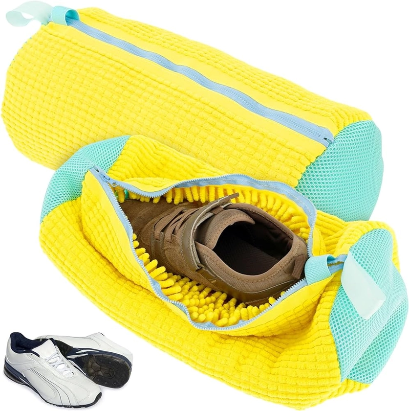 Lot de 2 Sacs à Linge pour Chaussures Réutilisables, Sac de Lavage Machine à Laver pour Chaussures Portable avec Fermeture Éclair, Filet Linge Machine à Laver Chaussures Protéger Chaussures (Jaune)