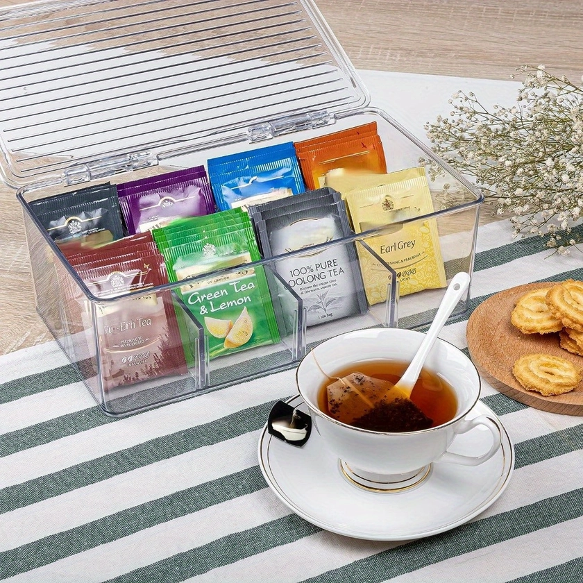 Versatile 8-Compartment Tea & Coffee Pod Organizer With Clear Lid - Stackable Kitchen Storage Solution For Home And Office Essentials Tea Bag Storage