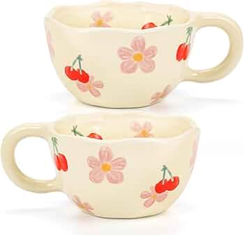 Yopay 2 Pack Ceramic Coffee Mug, 8oz Handmade Hot Chocolate Mugs, Cute Cup for Girl Microwave Safe, Aesthetic Tea Milk Cup with Handle for Latte, Cocoa, Gift, Office, Home (Cherry flower)